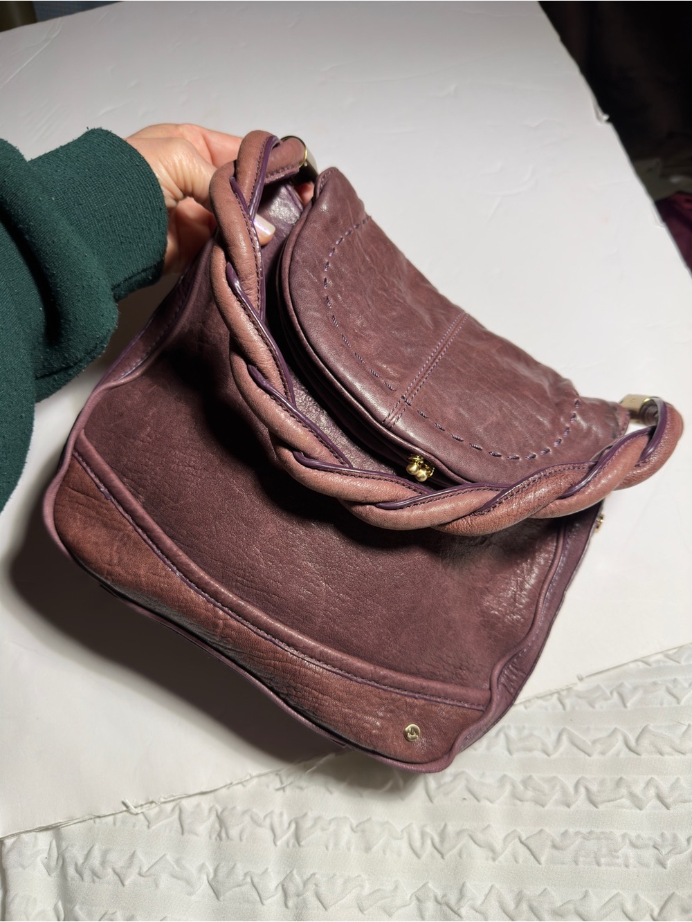 Tre Vero Plum Purple Leather Braided Handle Shoulder Bag
